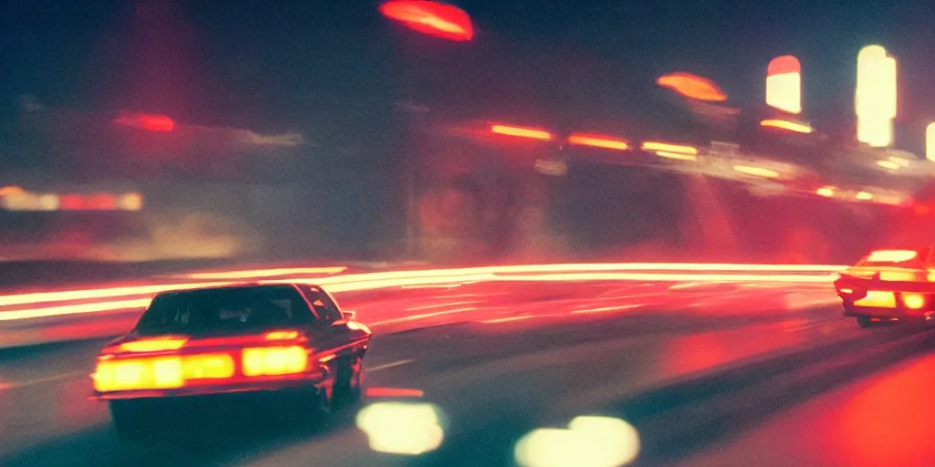 Image similar to 8 0 s neon movie still, high speed car chase on the highway at night with bright city in background, medium format color photography, 8 k resolution, movie directed by kar wai wong, hyperrealistic, photorealistic, high definition, highly detailed, tehnicolor, anamorphic lens, award - winning photography, masterpiece