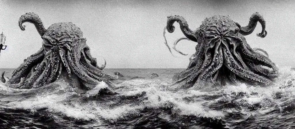 Prompt: A Still of one giant Cthulhu emerged from the ocean, water dripping off him, Cthulhu is gigantic, a tiny boat in the water beneath Cthulhu, you can see this from the beach looking out into a dark a storming ocean, Move shot film, gloomy very misty, Cthulhu is going towards a city, you can see a city next to a beach