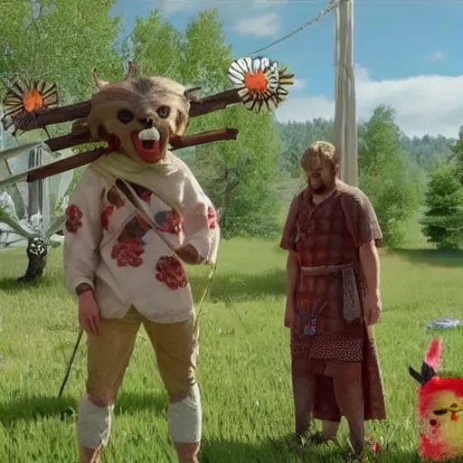 Image similar to a still from the movie midsommar crossover with the game okami