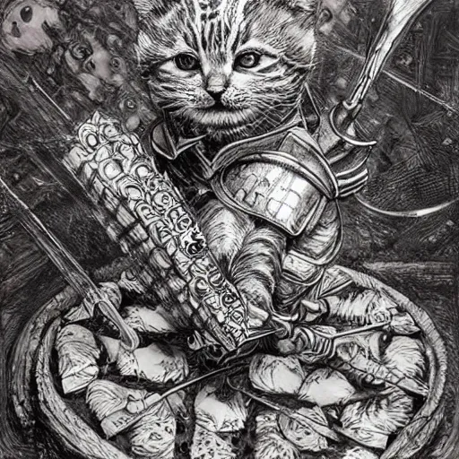 Prompt: Kitten with armor made of pizza, pen and ink, intricate line drawings, by Yoshitaka Amano, Ruan Jia, Kentaro Miura, Artgerm, detailed, trending on artstation, hd, masterpiece,