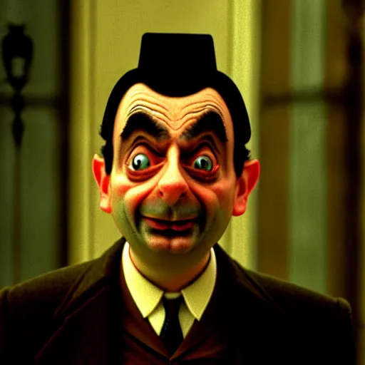 Image similar to mr. bean as wednesday from the adams family. movie still. cinematic lighting.