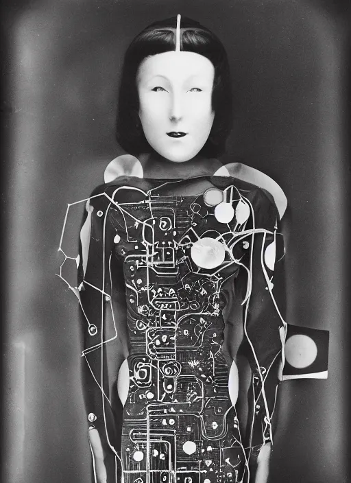 Image similar to Portrait of a fractal cosmonaut girl wearing kimono made of circuits and leds, surreal photography by Man Ray