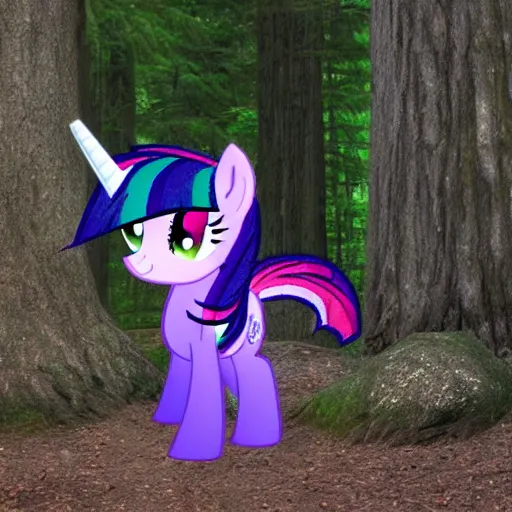 Image similar to photo of feral cryptid wild my little ponies twilight sparkle in the woods