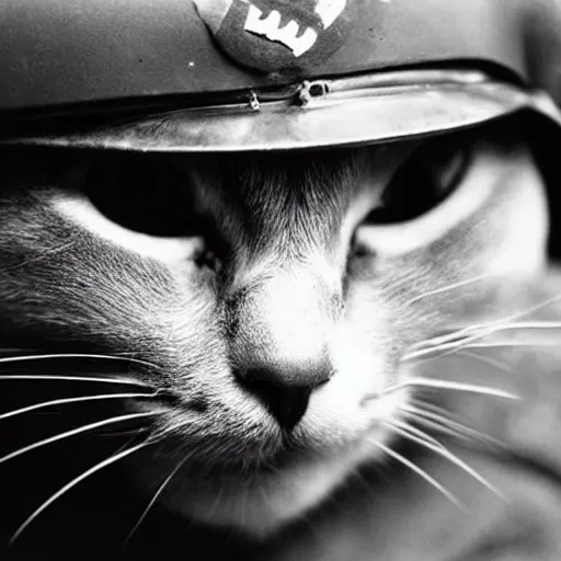 Prompt: close up of a cat wearing soldier helmet in the battle, ww2 historical photography, black and white