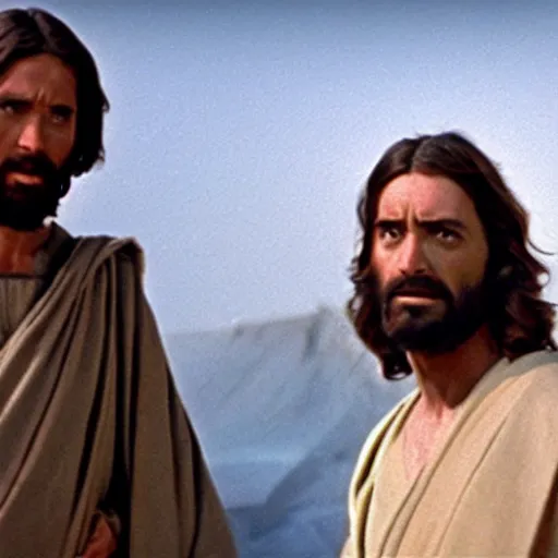 Prompt: a film still of jesus ( from the bible ) in star wars 1 9 7 7, realistic, photorealistic
