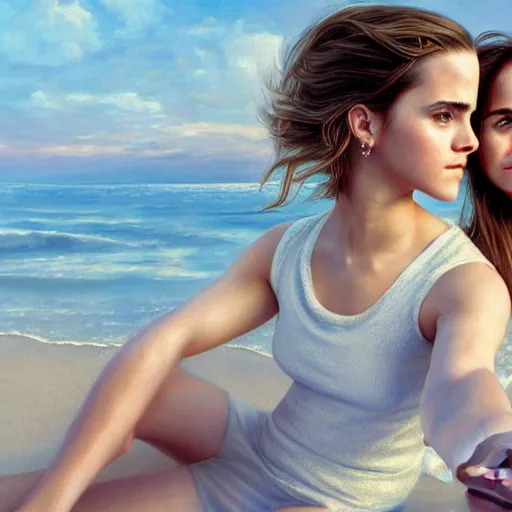 Prompt: beautiful serene intricate portrait of emma watson and emma watson taking a selfie, relaxing on the beach, golden hour, soft focus, 8 k, art by irakli nadar, hyperrealism, hyperdetailed, ultra realistic