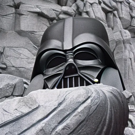 Image similar to large darth vader statue made of stone outstide sith temple cinematic film still from the 1 9 8 3 movie the lost jedi, rian johnson, anamorphic 2 4 mm lens, kodak film, moody cinematography