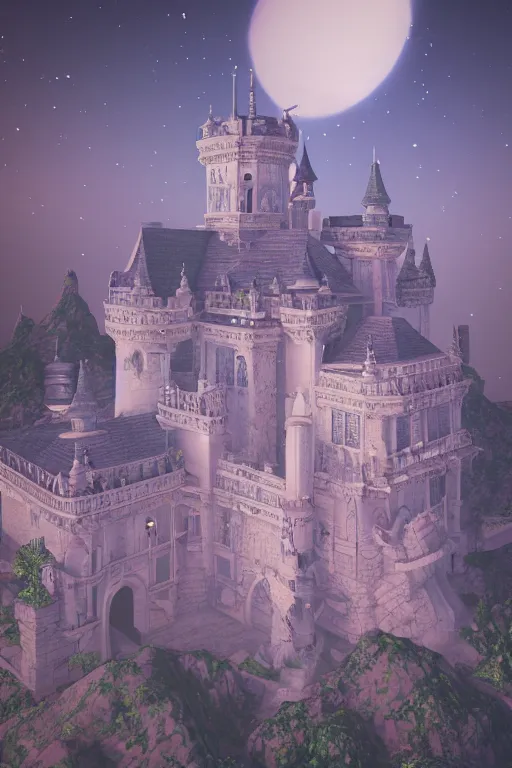 Image similar to multi level baroque castle in space, calm, tranquil, faded effect, detailed, vaporwave colors, render by substance designer