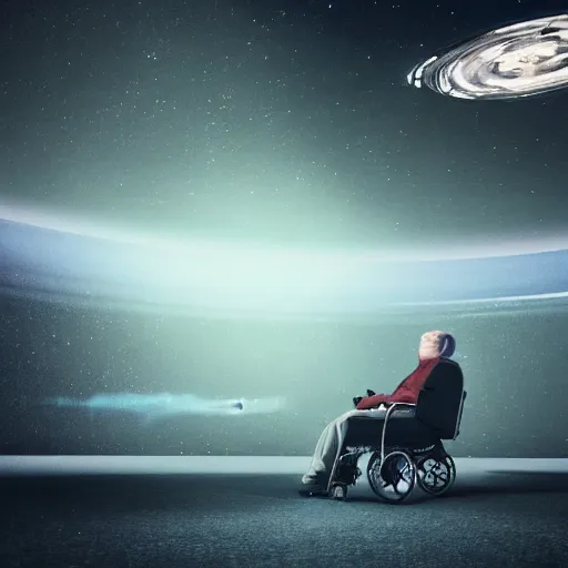 Prompt: Stephen Hawking in his wheelchair floating in completely dark outer space, digital art, trending on ArtStation, 3d rendered in octane, blender, epic lighting, highly detailed, smooth, Unreal Engine 5, cinematic, 8k, 4k