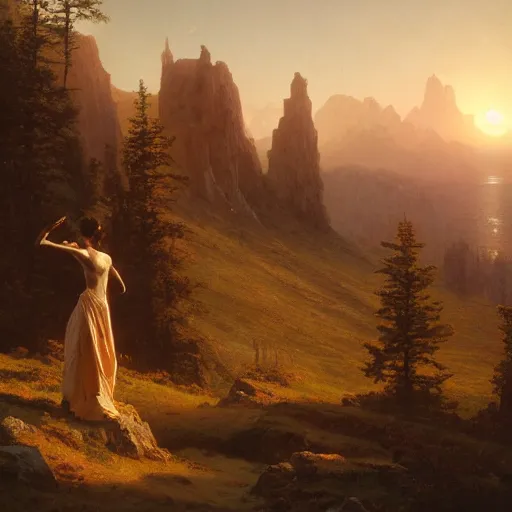 Prompt: an ultradetailed matte landscape painting of mountain sized sculpture of a beautiful and elegant woman, sunrise on the horizon in the background, stone hand raised up, 8 k, art by greg rutkowski and albert bierstadt