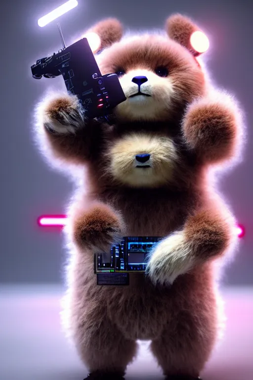 Image similar to high quality 3 d render very cute fluffy cyborg!! bear! plays electronic viola, cyberpunk highly detailed, unreal engine cinematic smooth, in the style of blade runner & detective pikachu, hannah yata charlie immer, moody light, low angle, uhd 8 k, sharp focus