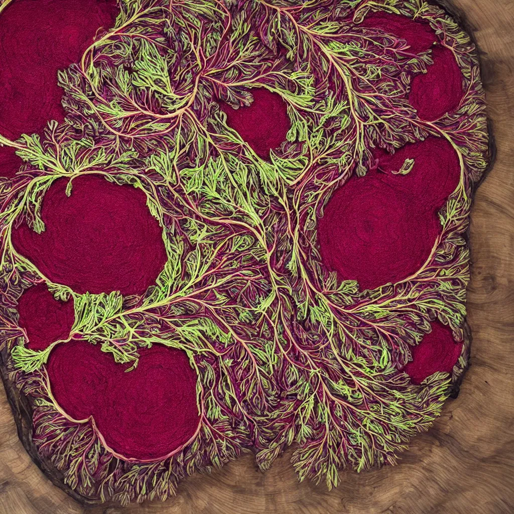 Image similar to embroidered giant cut beetroot, creating large spiral with embroidered leaves and fractal roots, over vivid wood table, food photography.. super detailed. masterpiece