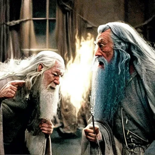 Prompt: gandalf and dumbledore fighting in fight club