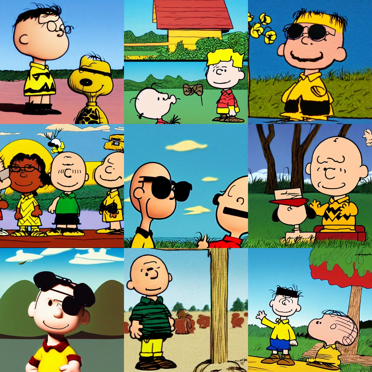 Prompt: charlie brown from peanuts wearing sunglasses lowbrow, matte painting, highly detailed, in the style of robert williams