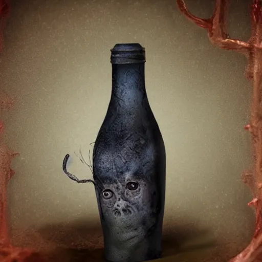 Prompt: a bottle with a strange creature inside, Photo realistic, super realistic, high definition, sinister photo, horror