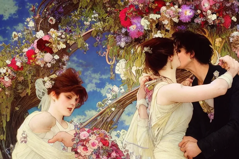 Image similar to the groom kisses the bride at a wedding full of flowers, bright and happy, dreamlike art, highly detail, 4 k realistic, wedding photoy krenz cushart. artem demura. alphonse mucha. yoji shinkawa artgerm. jon lothian. danilo torres. adi meyers. thomas reimann. gaston bussiere.