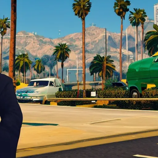 Image similar to Donald Trump in GTA V. Los Santos in the background, palm trees. In the art style of Stephen Bliss