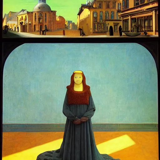 Prompt: a woman in a medieval city, dragons, hyperrealistic film still by edward hopper, by gottfried helnwein, by klimt, by paolo uccello, by johfra bosschart, art nouveau, highly detailed, strong lights, liminal, eerie, symbolist, bright pastel colors