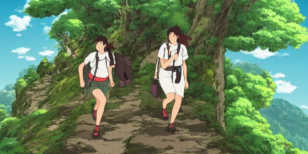 Image similar to woman with dark hair hiking up a fantastic mountain by studio ghibli