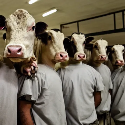 Prompt: inmates weating cow heads inside a jailcell