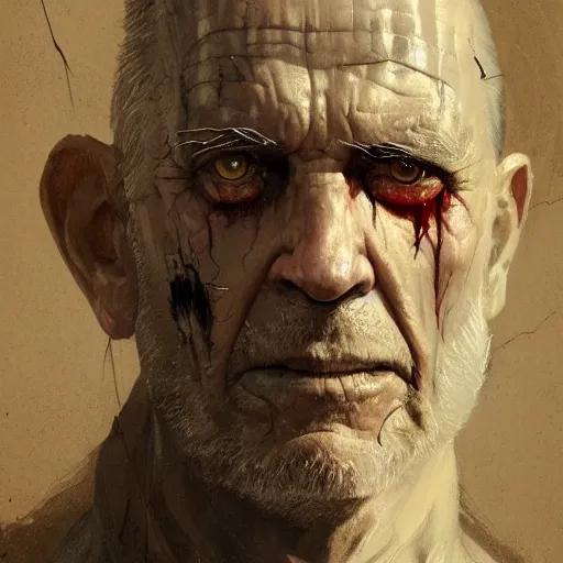 Image similar to close-up, symmetrical, portrait of an old man, bruised, scarred, marvel art, art by greg rutkowski, matte painting, trending on artstation