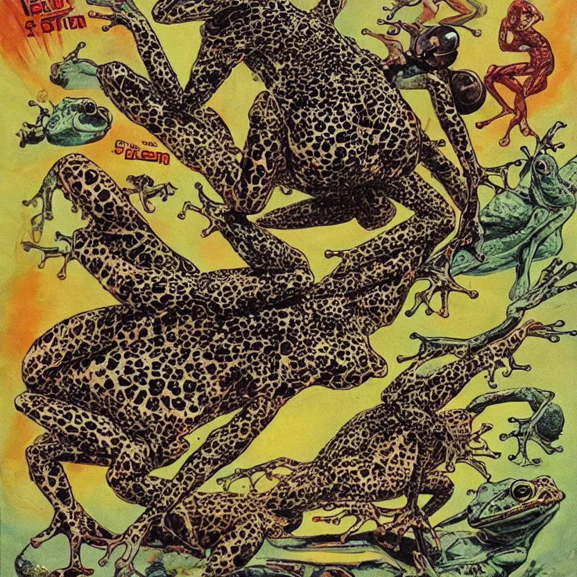 Image similar to alien frog, cheetah, and bird. strange anatomy. pulp sci - fi art.