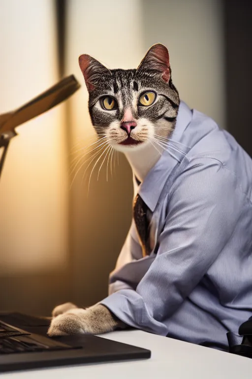 Prompt: anthropomorphic cat that looks like a human, wearing a shirt, business attire, sitting at a desk with a laptop, realistic, colored studio lighting, professional photography, nikon 5 0 mm f / 1. 8 g, canon