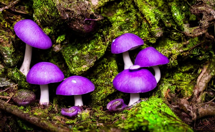 Prompt: a photography of a purple mushroom family in a rainforest, intricate detail, photorealistic