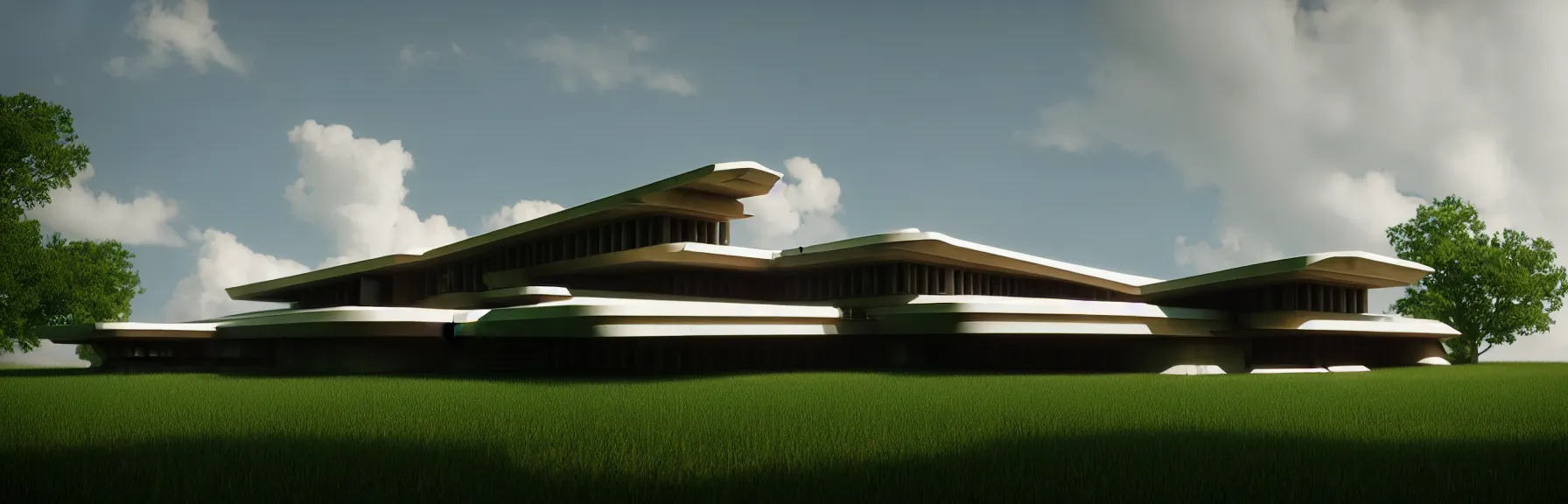 Image similar to futuristic rural architectural masterpiece by frank Lloyd wright and Zaha hadid, detailed, octane render, photo realism, 3D, ray tracing, photo realism