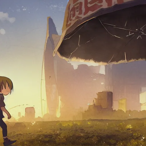 Prompt: incredible wide screenshot, ultrawide, simple watercolor, rough paper texture, made in abyss movie scene, backlit distant shot of girl in a parka running from a giant robot invasion side view, yellow parasol in deserted dusty shinjuku junk town, broken vending machines, bold graphic graffiti, old pawn shop, bright sun bleached ground, mud, fog, dust, windy, scary robot monster lurks in the background, ghost mask, teeth, animatronic, black smoke, pale beige sky, junk tv, texture, dusty, dry, pencil marks, genius party,shinjuku, koji morimoto, katsuya terada, masamune shirow, tatsuyuki tanaka hd, 4k, remaster, dynamic camera angle, deep 3 point perspective, fish eye, dynamic scene