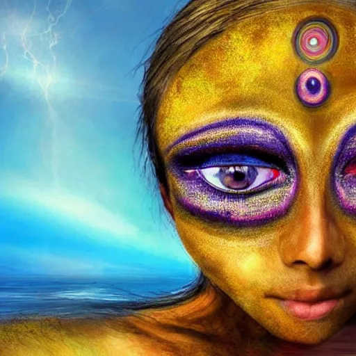 Image similar to three eyed goddess, third eye in middle of forehead, long necks, wide shot, hairy bodies, feet in water, beautiful colors, eye in forehead, pins, beautiful lighting, very detailed, eyes reflecting into eyes reflecting into infinity