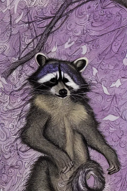 Prompt: purple stelar raccoon in the style of Rebecca Guay, high resolution 4k