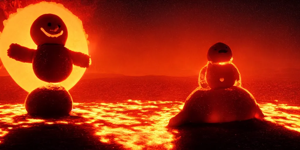 Image similar to a melted glowing snowman melting on top of the sun. the ground is made of fire and lava and is glowing orange. cinematic, dramatic, epic, volumetric lighting, atmospheric, red, orange extremely coherent, 8 k, space, warm, solar flare, blade runner 2 0 4 9