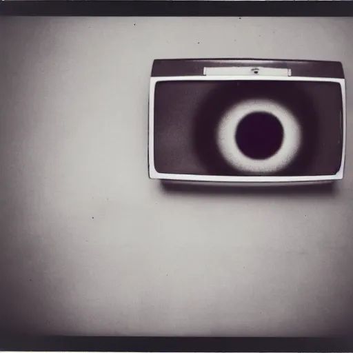 Prompt: small and dark concrete room with an old tv showing a pair of eyes, creepy, eerie, old polaroid, expired film,