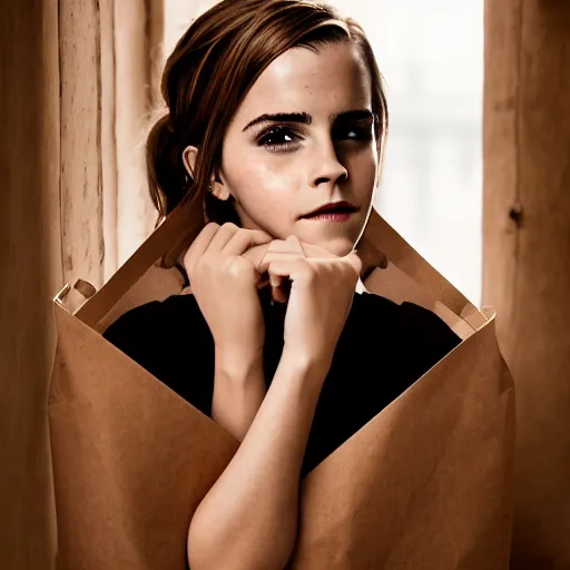 Prompt: emma watson with a brown paper bag over covering her head and face, ( sony a 7 r iv, symmetric balance, polarizing filter, photolab, lightroom, 4 k, dolby vision, photography awardm, voque, perfect face )