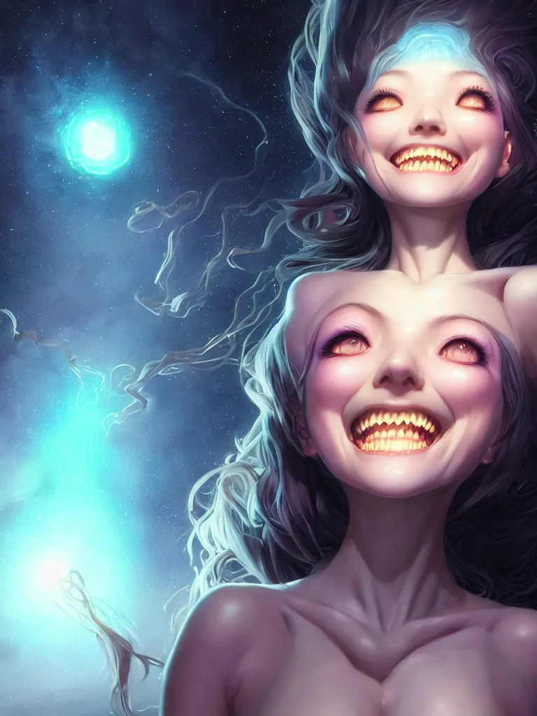 Image similar to azathoth girl smiling so happily, dress made out milky way, occlusion shadow, specular reflection, rim light, unreal engine, artgerm, artstation, art by hiroaki samura and ilya kuvshinov and ossdraws, intricate, highly detailed 8 k, cosmic horror illustration, extremely beautiful and aesthetic shape of face and body