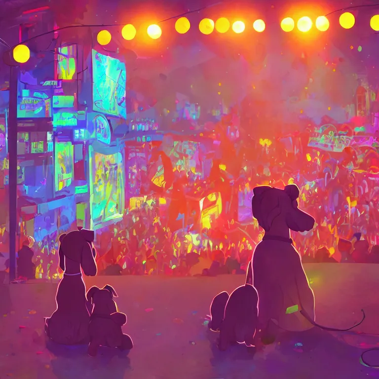 Image similar to two dogs, watching a pop concert, bright colorful lights, crowded, excited atmosphere, digital art, concept art, trending on artstation, cinematic lighting