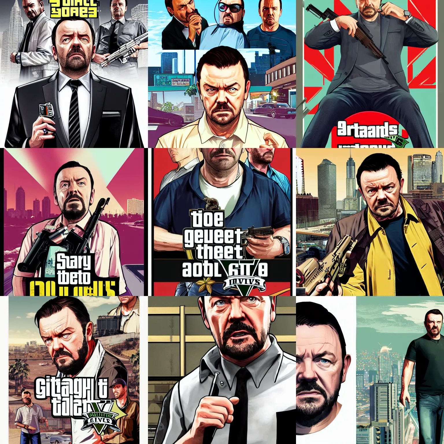 Prompt: ricky gervais in gta v promotional art by stephen bliss, no text, very detailed