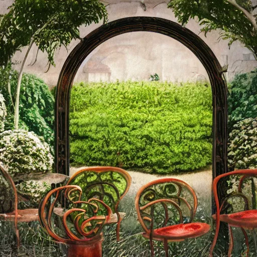 Image similar to out of focus, delicate, chairs, garden, paved, botanic watercolors, iridescent, 8 k, realistic shaded, fine details, artstation, italian, iron gate, tree, mediterranean