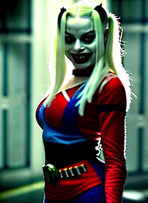 Image similar to 2 8 mm photo of beautiful suicide squad happy margot robbie with long white hair that looks like harley quinn standing on the wet street of dystopian gotham city at night, angry frown, seductive camisole, pinup model, glamour fashion pose, frank miller, jim lee, cinematic, ridley scott, lens flare, annie leibowitz