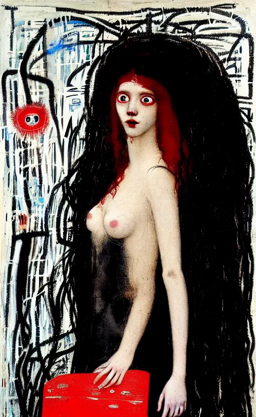 Image similar to portrait of a girl with long red hair in a black dress, under water, very beautiful style, girl wrapped in a leather salafan bag in black, jean - michel basquiat, photorealism, edgard maxence,