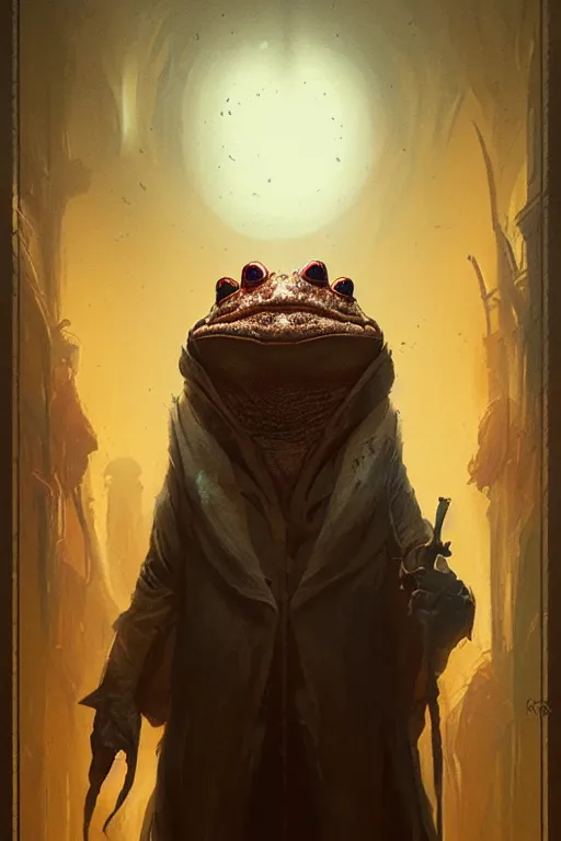 Image similar to greg rutkowski poster. toad wizard