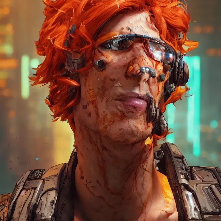Image similar to cyberpunk portrait of curly orange hair man from borderlands 3, au naturel, hyper detailed, digital art, trending in artstation, cinematic lighting, studio quality, smooth render, unreal engine 5 rendered, octane rendered, art style by klimt and nixeu and ian sprigger and wlop and krenz cushart.