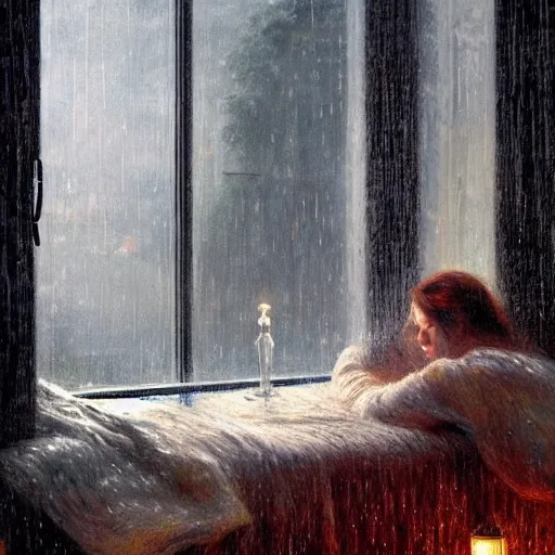 Prompt: on a rainy day, someone in home sits in bed, curled up under the covers, watching the rain outside the window, cinematic, artstation, extremely detailed, intricate, cinematic lighting, art by pierre - auguste renoir, greg rutkowski