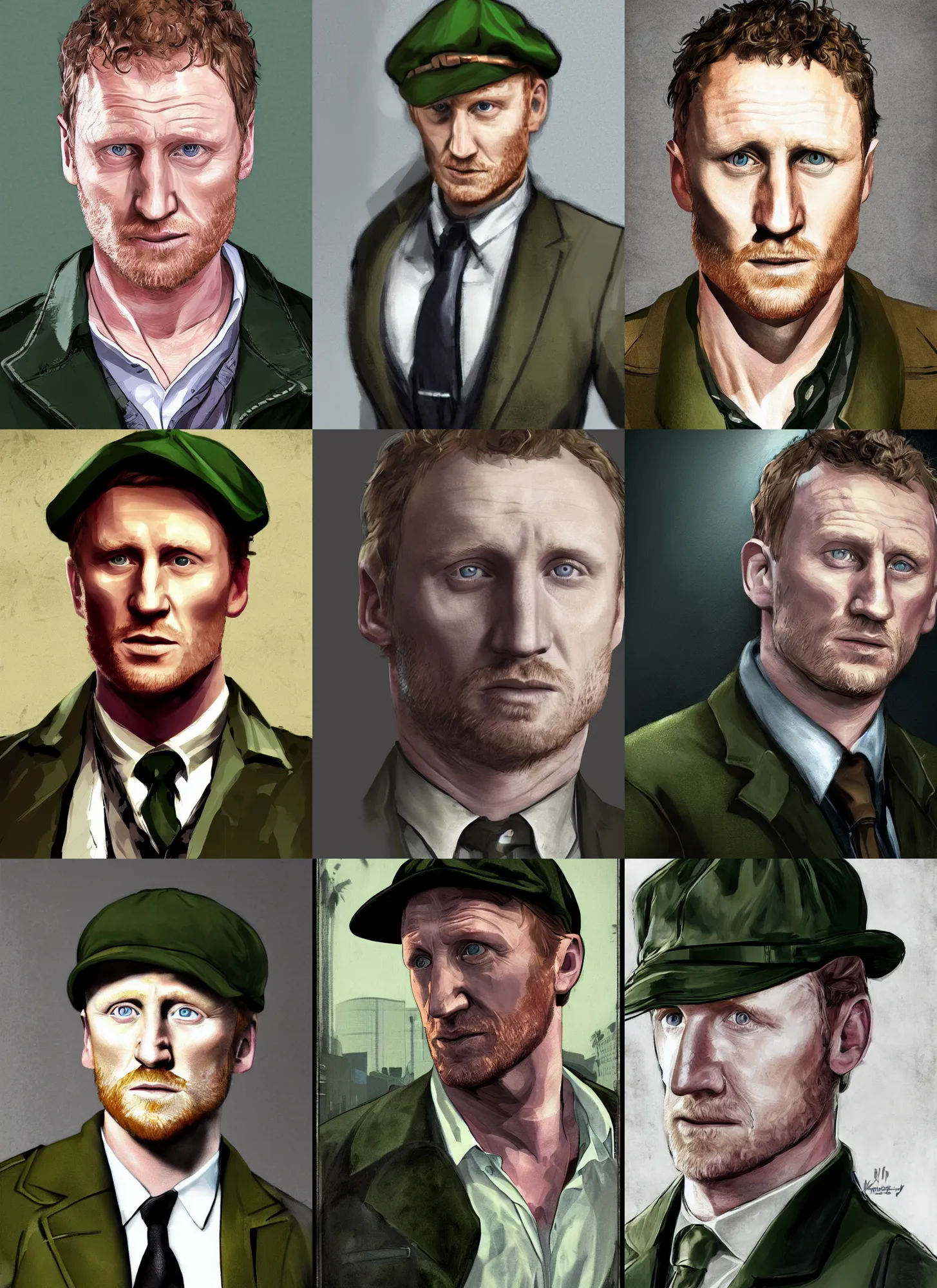 Prompt: portrait close - up kevin mckidd mixed with ciaran murphy, olive green flat cap and waistcoat, dark atmosphere, gta v cover!!