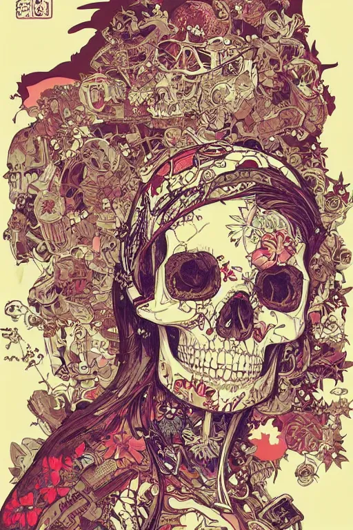 Prompt: beautiful skull cyborg girl female illustration detailed patterns art of thai traditional dress, pop art, splash painting, art by geof darrow, ashley wood, alphonse mucha, makoto shinkai