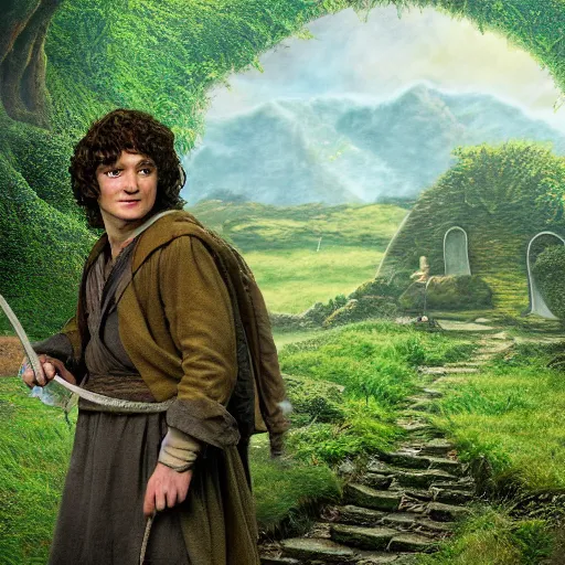 Image similar to frodo baggins in the shire surrounded by hobbit holes In the style of moebius, detailed 4k photograph, HDR, very detailed