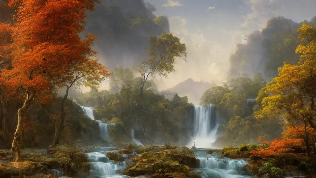 Image similar to the most beautiful panoramic landscape, oil painting, where a giant dreamy waterfall creates a river, the trees around are starting to bloom in a variety of colors, by greg rutkowski, long exposure