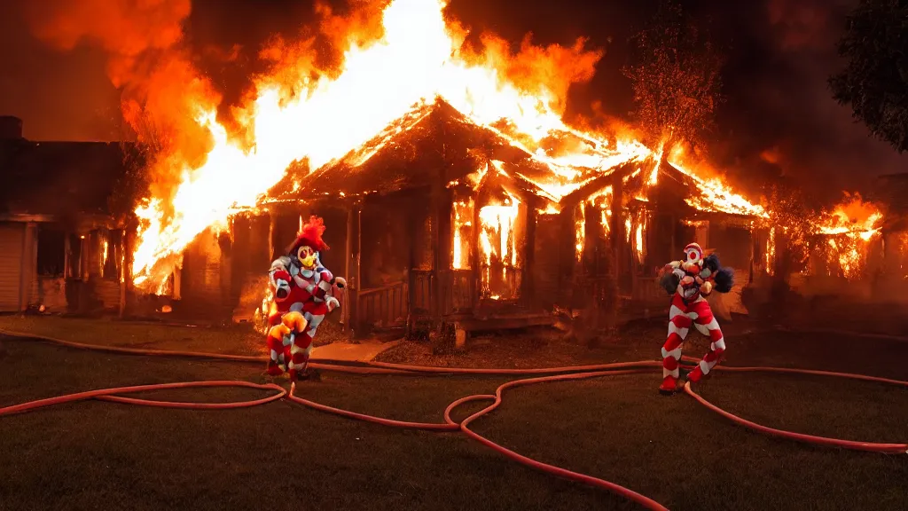 Prompt: photo of a clown using a flamethrower. In the background there is a house fire. Daylight. award-winning, highly-detailed, 8K