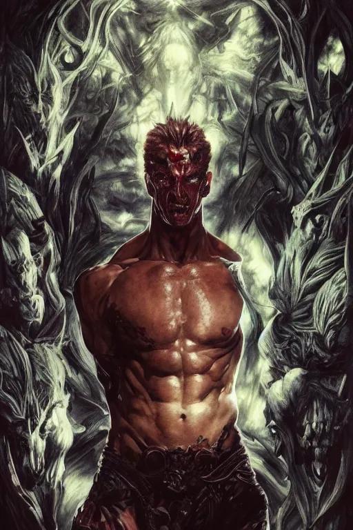 Image similar to portrait of albert wesker as a herculian demon man, forest, full body, powerful, fantasy, intricate, elegant, highly detailed, digital painting, artstation, concept art, sharp focus, illustration, art by artgerm and greg rutkowski and alphonse mucha